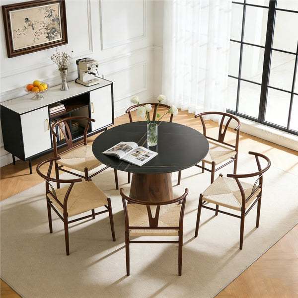 English Elm Table and Chair Set 42 Inch Round Stone Look Top with Six Rope Woven Wishbone Chairs W2920S00155