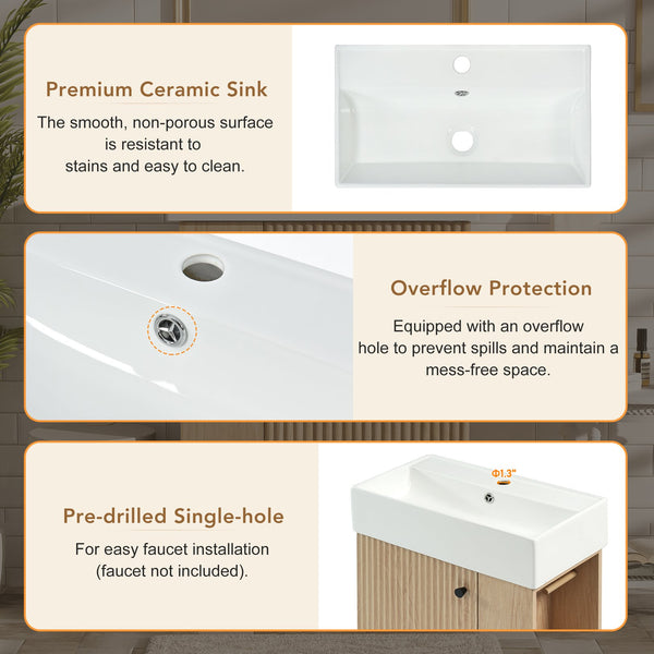English Elm [video]21.6" Freestanding Bathroom Vanity Ceramic Sink Wavy Door Mdf Cabinet Small Bath Wood N729P285504N