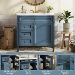 English Elm 36'' Bathroom Vanity With Sink, Modern Indigo Blue Storage Cabinet Featuring 3 Drawers & Adjustable Shelf N710P230246M
