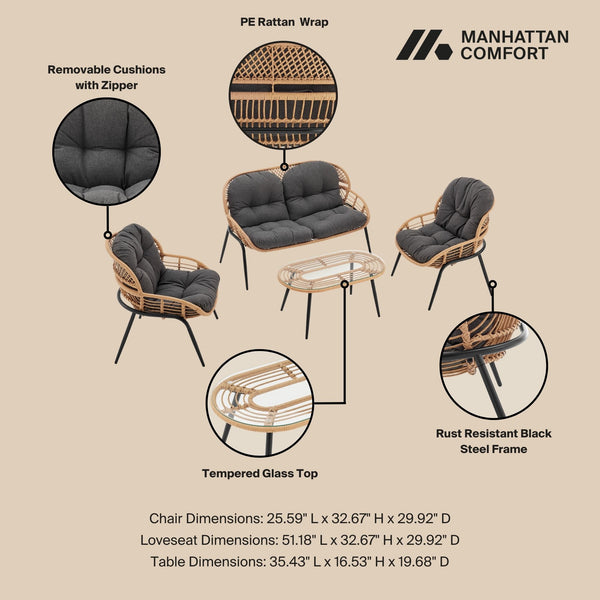 English Elm Pine 4-Piece Conversation Set with UV-Resistant Waterproof Fabric, Removable Cushions & Glass Top Grey B365P397655
