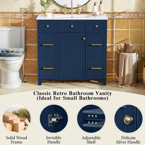 English Elm 36" 36-inch Transitional Bathroom Vanity with Ceramic Basin, Solid Wood Frame, Soft-Close Storage Elegance Blue N729P255663C