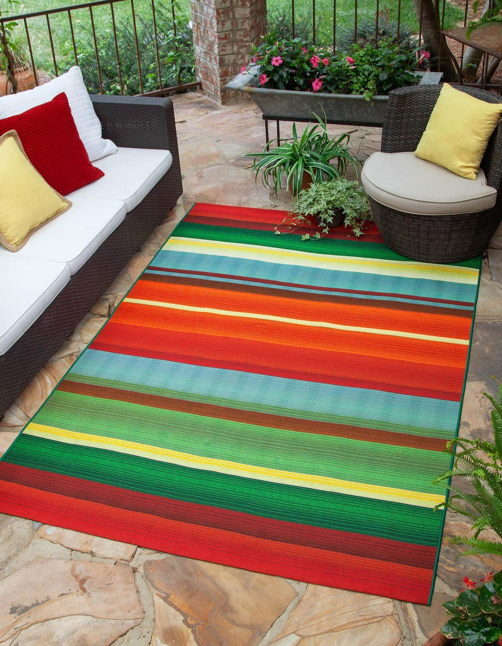 Unique Loom Outdoor Modern Jaco Machine Made Striped Rug Multi, Light Blue/Orange/Red/Yellow/Green/Olive/Brown 5' 3" x 8' 0"