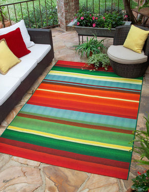 Unique Loom Outdoor Modern Jaco Machine Made Striped Rug Multi, Light Blue/Orange/Red/Yellow/Green/Olive/Brown 10' 0" x 12' 2"