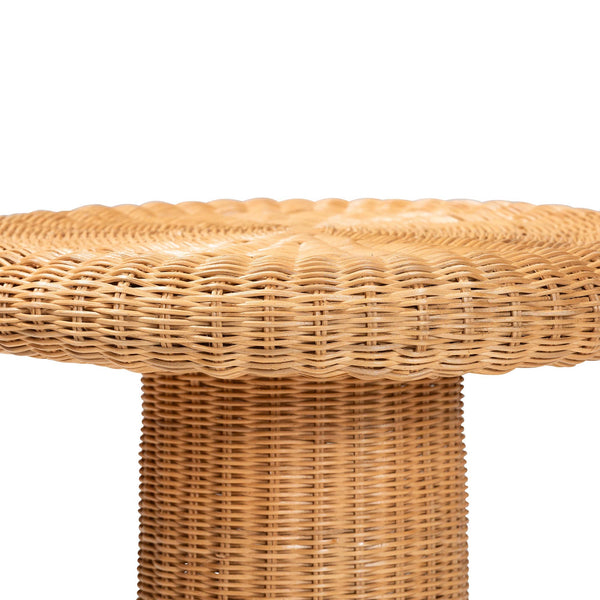English Elm Scallop Handwoven Rattan Round Pedestal Accent Table Boho Coastal Sunroom Decor B2750P467851