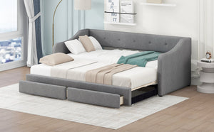 English Elm Twin XL Upholstered Daybed with Two Drawers — Convertible King Sofa Bed, Buttoned Back, Linen Upholstery Gray DL002056AAE