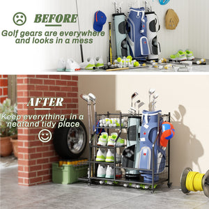 English Elm Golf Bag Organizer Rack with Club Stand Three Shelves and Four Hooks for Garage T3210P392616