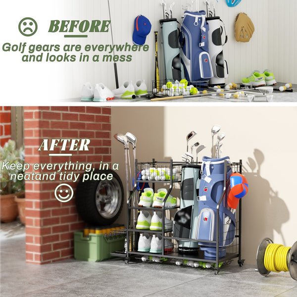 English Elm Golf Bag Organizer Rack with Club Stand Three Shelves and Four Hooks for Garage T3210P392616