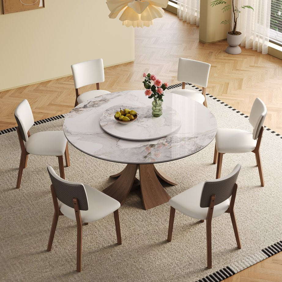 English Elm 59-Inch Modern Sintered Stone Dining Table Set With 35-Inch Turntable, Seats 6-8, Walnut Base Style W509S00131