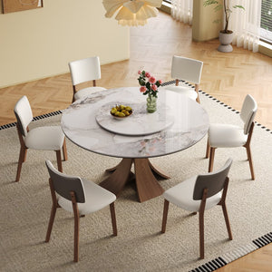 English Elm 59-Inch Modern Sintered Stone Dining Table Set With 35-Inch Turntable, Seats 6-8, Walnut Base Style W509S00131