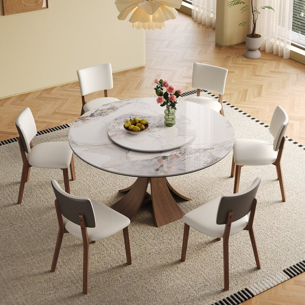 English Elm 59-Inch Modern Sintered Stone Dining Table Set With 35-Inch Turntable, Seats 6-8, Walnut Base Style W509S00131