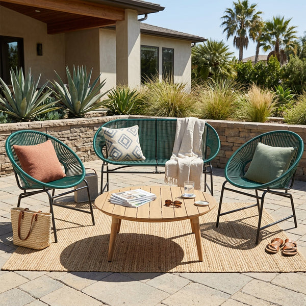 English Elm Nusa Outdoor Pe Rattan Conversation Set with Acacia Wood Coffee Table Patio Natural,Teal NUSA4PCSET-TEL