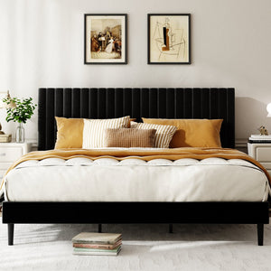 English Elm Queen Velvet Tufted Platform Bed Adjustable Headboard Steel Frame No Box Spring Black W5239P503299