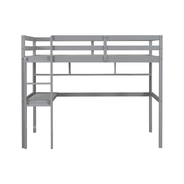 English Elm Twin Loft Bed with Built-In Desk and Bookcase, Pine Frame, Safety Guardrail, Ladder for Study Space Grey W504P181852