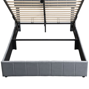 English Elm Full Size Linen Upholstered Platform Bed with Hydraulic Lift Storage and Foam Headboard N708P201551E