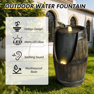 English Elm Outdoor Rustic Barrel Resin Fountain with Led Lights Farmhouse Waterfall Patio Decor Grayish Green W5397P453959
