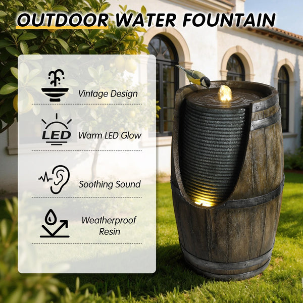 English Elm Outdoor Rustic Barrel Resin Fountain with Led Lights Farmhouse Waterfall Patio Decor Grayish Green W5397P453959