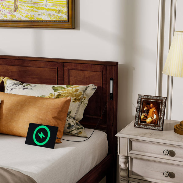 English Elm King Pine Wood Platform Bed with Led Lighting Usb Charging Tall Panel Headboard Walnut W504S00275