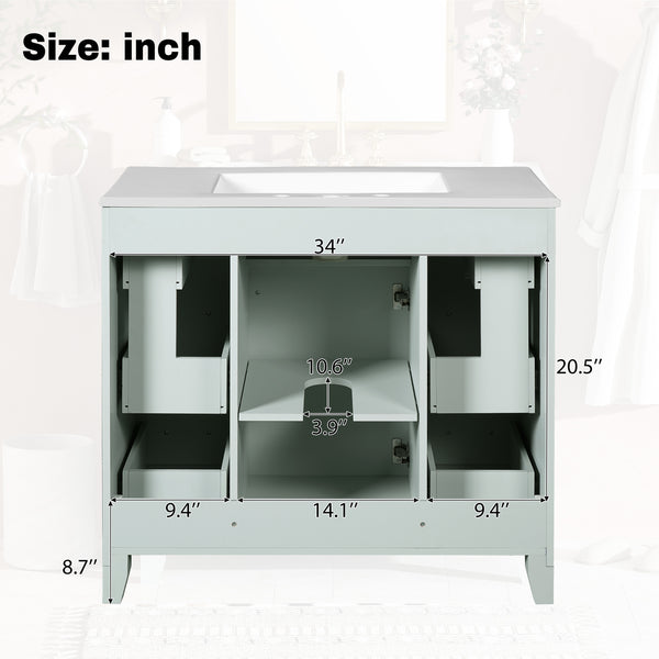 English Elm 36" Green Bathroom Vanity with Ceramic Sink, Gold Handles, Soft-Close Drawers & Adjustable Shelf N729P257304F