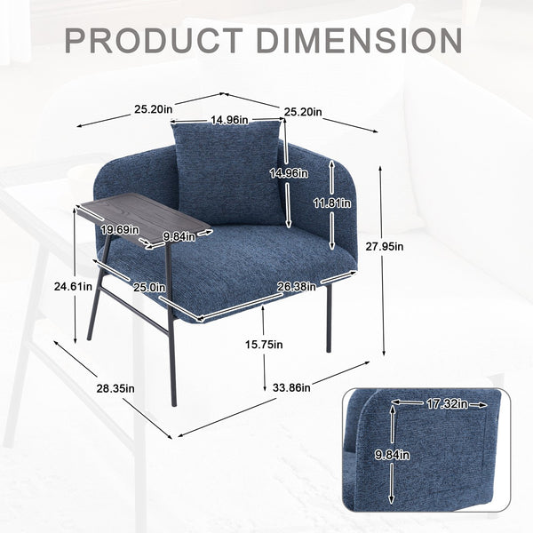 English Elm Leisure Linen Accent Chair with Built-in Side Table Pockets and Lumbar Pillow Modern Navy W395P453310