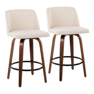 English Elm Toriano Mid-Century Modern Counter Stools In Walnut With Cream Fabric & Black Footrest - Set Of 2 B202S00449-GIGA