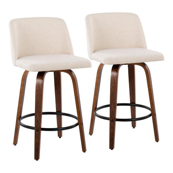 English Elm Toriano Mid-Century Modern Counter Stools In Walnut With Cream Fabric & Black Footrest - Set Of 2 B202S00449-GIGA