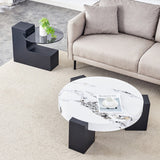 English Elm Modern Simple Double-Layer Round Coffee Table - Transparent Gray Glass Top With Black Mdf L-Shaped Legs.The Detachable Design Can Make The Use Of Space More Flexible.