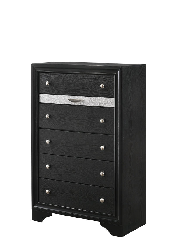 English Elm Modern Luxury Glam 5-Drawer Chest with Jewel Tray and Dustproof Bottom, Solid Wood Storage Elegance Black 37.3 L x 19.5 W x 54.4 H B011P234314