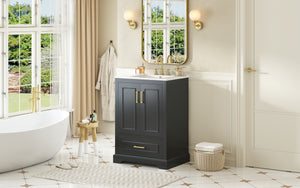 English Elm 24"Bathroom Modern Vanity with Ceramic Sink, Solid Wood Frame, Soft-Close Doors & Smart Storage System Black N729P321378B