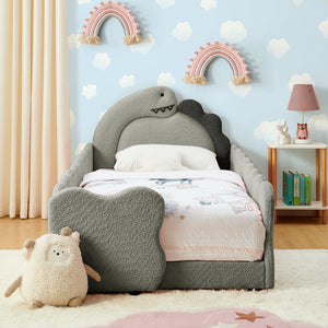 English Elm Twin Dinosaur Boucle Upholstered Kids Bed Solid Wood Frame with Padded Safety Rails Grey W1413P384918