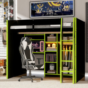 English Elm Full Size Loft Bed with Rgb Lighting Desk Open Wardrobe and Storage for Gaming Rooms Green LT000277AAG