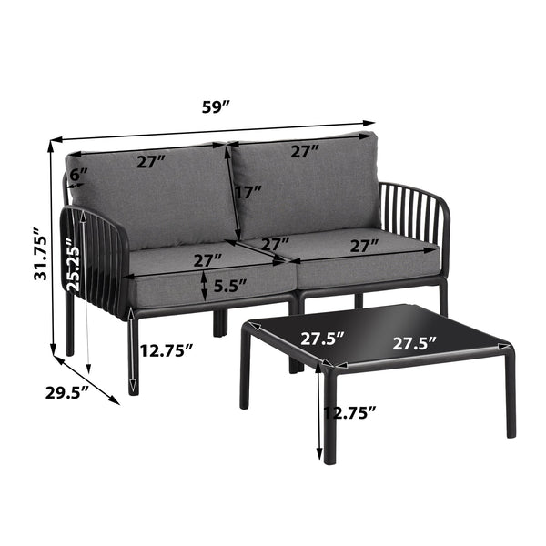 English Elm Christopher Knight Home® - 3 Piece Patio Conversation Set with Deep Seating Loveseat and Square Glass Coffee Table, Waterproof Cushions, Modern Outdoor Patio Furniture for Porch and Balcony (Seats 2, Heavy-Duty 400lb Capacity) Black+ Gray N780P199459B