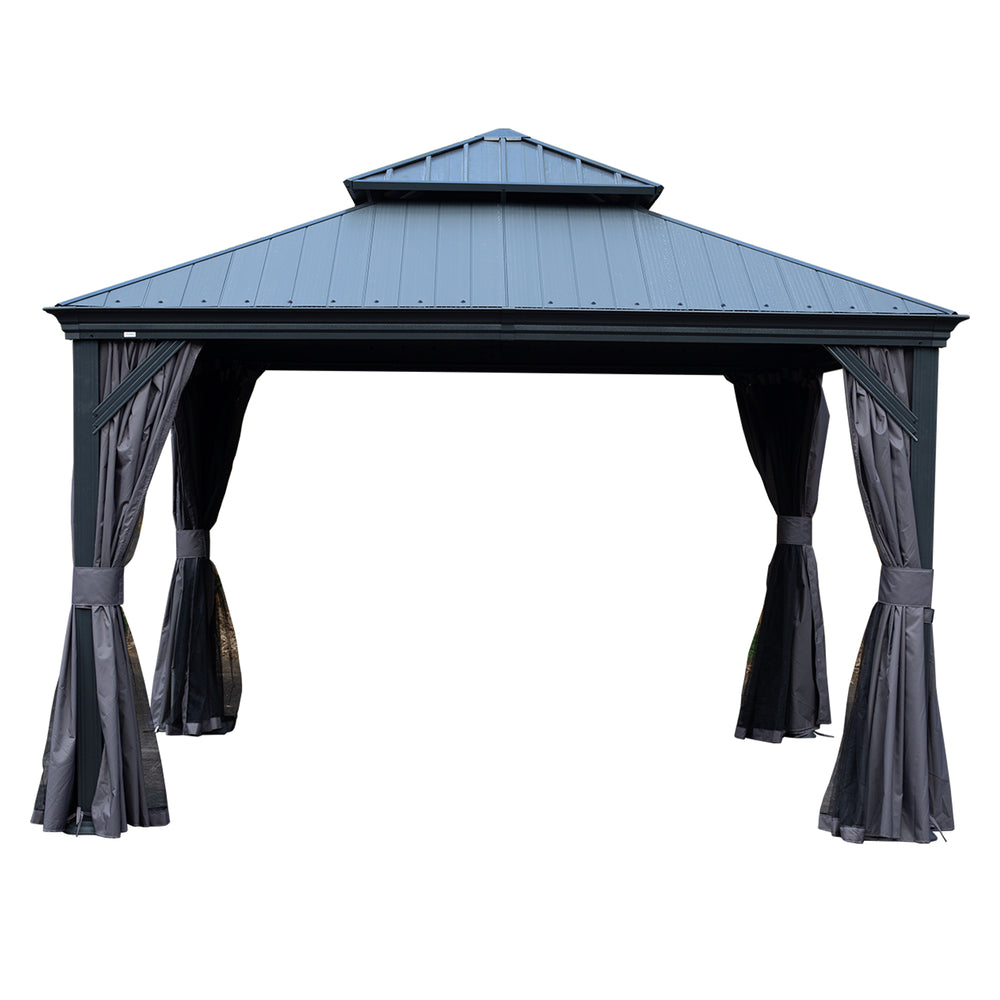 English Elm 10x12ft Lean to Hardtop Gazebo Wall Mounted Steel Roof Shelter for Deck Patio W1859S00184