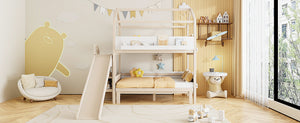 English Elm House-shaped Pine Bunk Bed with Built-in Slide Storage Staircase Twin Over Full Kids Frame Beige+White N820S00082A