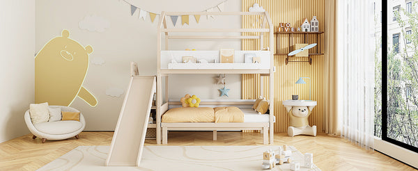 English Elm House-shaped Pine Bunk Bed with Built-in Slide Storage Staircase Twin Over Full Kids Frame Beige+White N820S00082A