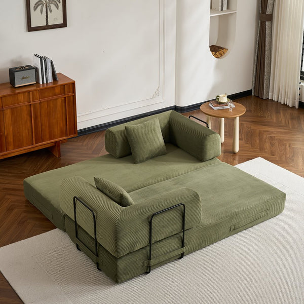 English Elm Convertible Sleeper Sofa Bed Corduroy 4-in-1 Folding Floor Couch with 35D Sponge Support and No-Assembly Green W3434P378558
