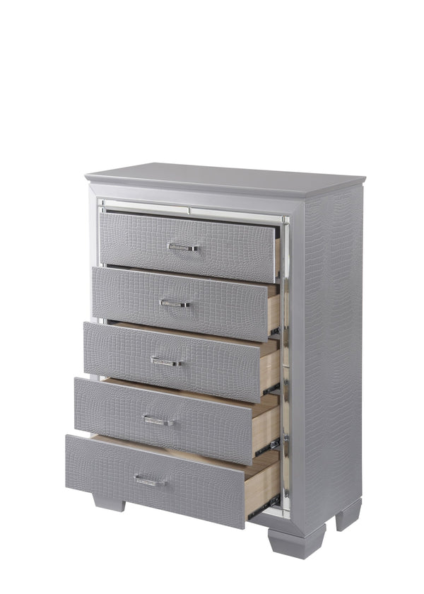 English Elm 1pc Modern Five Drawer Tall Chest with Beveled Mirror, Faux Crystal Hardware, Croc-Embossed Finish Silver 40.94 L x 20.43 W x 55.43 H B2741P326188