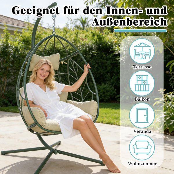 English Elm Hanging Egg Chair with Steel Stand Tufted Cushion Resort Style Patio Swing Seat T5880P492679