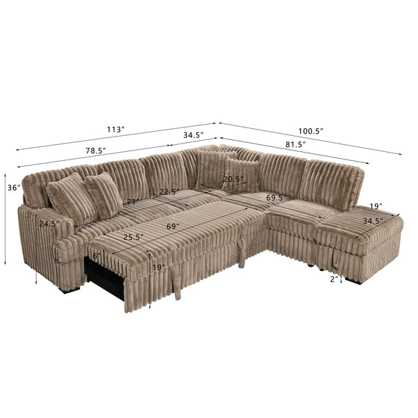 English Elm Corduroy L-Shape Sleeper Sofa with Storage Ottoman and Easy Pull-Out Bed Convertible for Living Room Brown W1417S00176