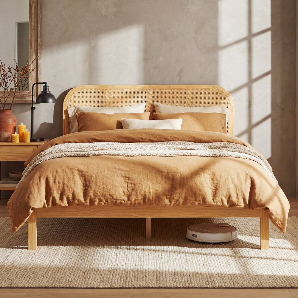 English Elm Queen Solid Pine Bed Frame with Woven Rattan Headboard for Coastal Boho Bedrooms N758Q465253N