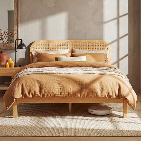 English Elm Queen Solid Pine Bed Frame with Woven Rattan Headboard for Coastal Boho Bedrooms N758Q465253N