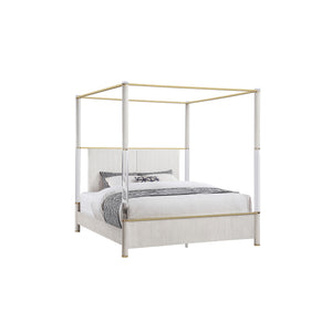 English Elm Malco Queen Oak Four Post Bed with Upholstered Headboard, Gold Accents, Low Profile Solid Wood Design B201S00423