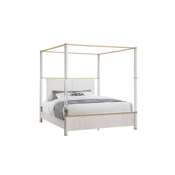 English Elm Malco Queen Oak Four Post Bed with Upholstered Headboard, Gold Accents, Low Profile Solid Wood Design B201S00423
