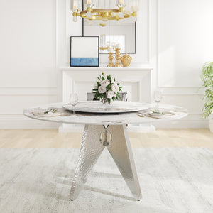 English Elm 59.05" Round Marble Dining Table - Elegant Silver Base, Durable White Sintered Stone, Seats 6-8 W1535S00464