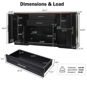 English Elm 63" Fluted Mdf Sideboard with Wood Tone Top Four Doors Three Drawers Dining Storage Black W2917S00012