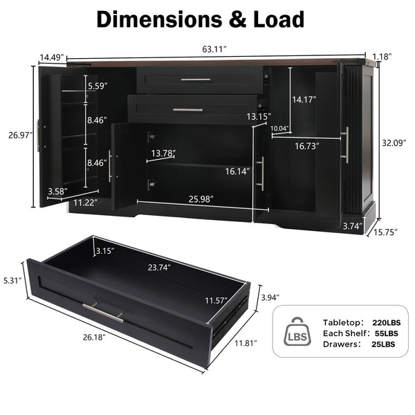 English Elm 63" Fluted Mdf Sideboard with Wood Tone Top Four Doors Three Drawers Dining Storage Black W2917S00012