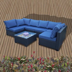English Elm Seven-Piece Modular Outdoor Sofa Set With Glass Table And Waterproof Cushions For Stylish Comfort W3152S00002-GIGA