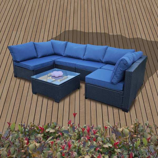 English Elm Seven-Piece Modular Outdoor Sofa Set With Glass Table And Waterproof Cushions For Stylish Comfort W3152S00002-GIGA