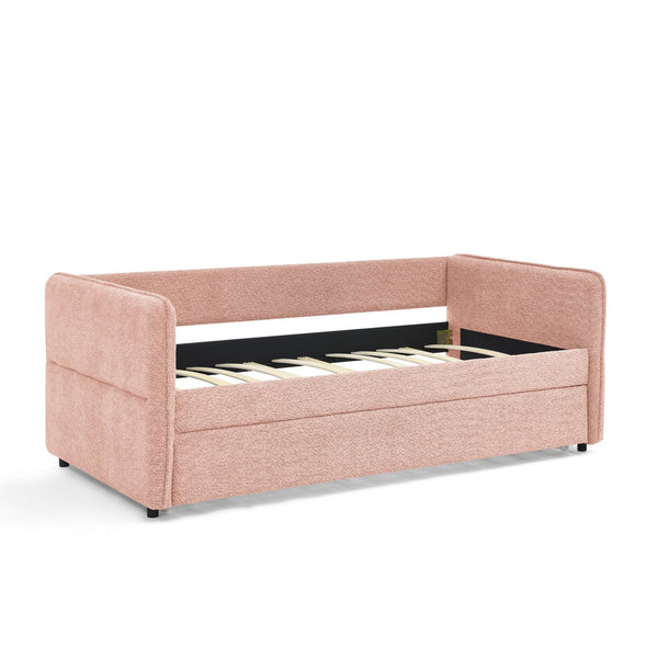 English Elm Daybed Boucle Upholstered Tufted Twin Trundle Sofa for Guest Bedroom Studio Lounge Pink W1413S00172