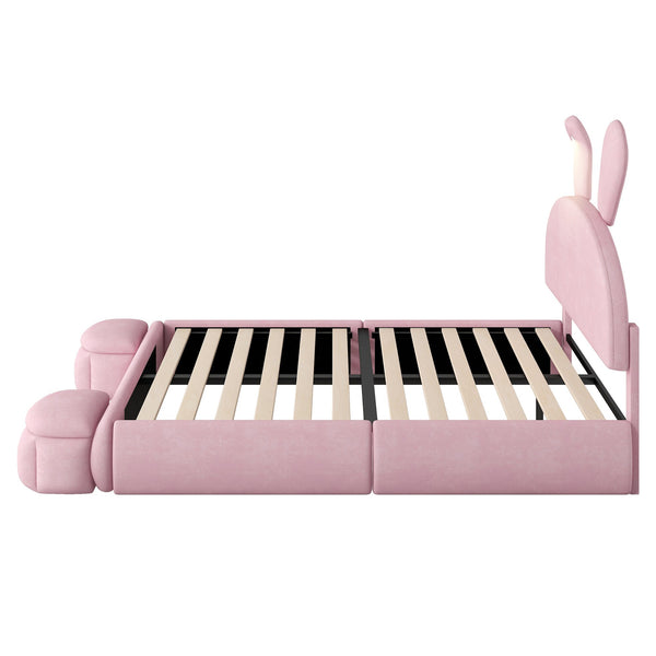 English Elm Full Full Size Upholstered Platform Bed with Cute Cartoon Ear Headboard, LED Light, Pink Velvet Cozy Retreat N709P195300H