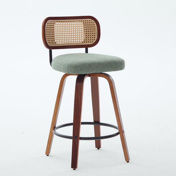 English Elm Set of 2 Swivel Counter Stools Walnut Frame Rattan Back Linen Seat Kitchen Island Light Green W1143P392172